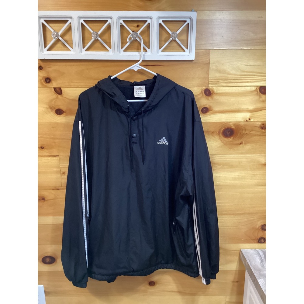 Adidas Mens Windbreaker Jacket Black Hooded Pullover 3 Stripe Mesh Lined XL